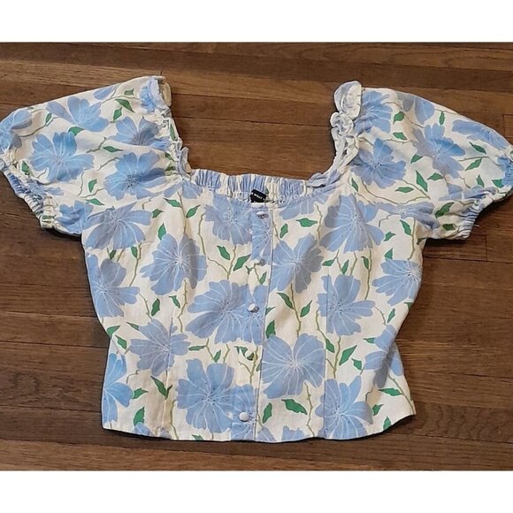 Who What Wear Tops - Womens Size Medium Boho Beach Cropped Linen Blend Puff Sleeve Smocked Floral Top